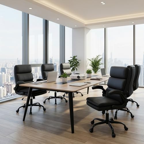 Mid Back Office Desk Chair,Leather Conference Room Chairs,Ergonomic Home Computer Chair,Modern Executive Chair with Padded Flip-up Armrest and Swivel Wheels (Black) - color: Black