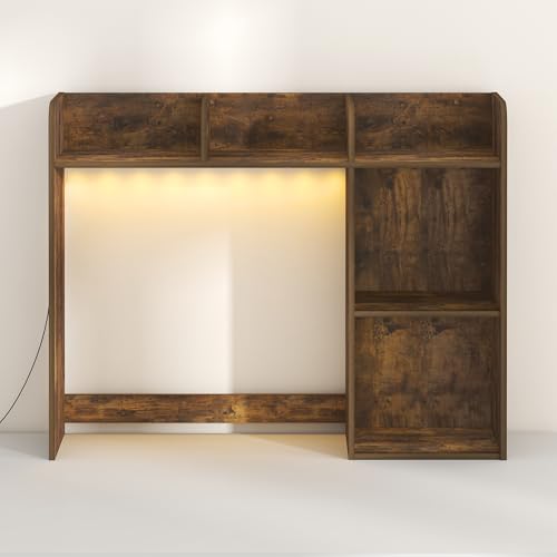 Furinno Classic Desk Shelf with LED Lights, 5-Shelf Hutch, Amber Pine | LED Desktop Book Shelf, Desk Organzier, for Office Supplies, Office Desk Accessories - color: Amber Pine