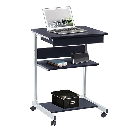 Techni Mobili Rolling Laptop Cart w/ Storage & Printer Shelf,Graphite Black | Rolling laptop cart with storage shelf, printer platform, locking wheels, portable workstation, laptop stand, or mobile desk