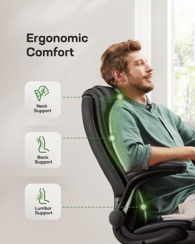 Marsail Executive Office Chair with Flip-up Armrests,PU Leather Ergonomic Desk Chair Height-Adjustable Swivel Rolling Desk Chair (Dark) - color: Dark