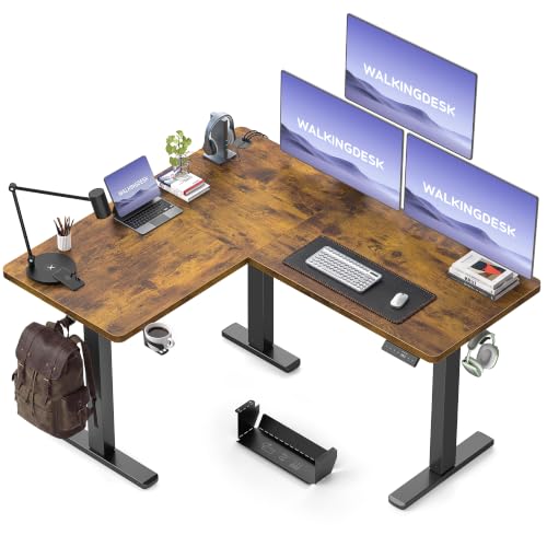 WALKINGDESK Reversible L Shaped Standing Desk Height Adjustable with Cup Holder, Electric Corner Computer Desk, Sit Stand up Home Office Desk, Ergonomic Gaming Desk, Rustic Brown, 55X45 Inches - color: Rustic Brown, size: 55 × 45 Inches