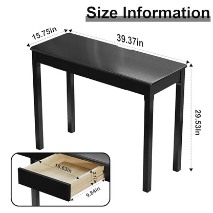 Solid Wooden Desk with Drawers - 39 x 16 Inch Modern Narrow Desks, Rubberwood Simple Study Table, Small Writing Desk for Bedroom|Small Spaces - Black Desks - color: Black, size: 39.4 in W x 15.7 in D