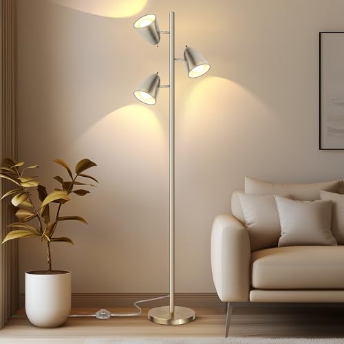 QiMH Tree Floor Lamp with 3 Light Bulbs, Standing Tall Pole Lamps for Living Room Bedroom Office, Reading Stand up Lamps with 3 Adjustable Arms,Brushed Nickel - color: Brushed Silver