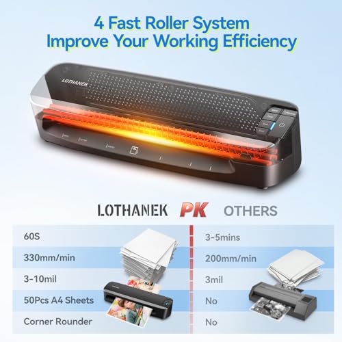 13 inch 4-Roller Commercial Laminator Machine, 3-10 Mil 60-Second Warm-up | LOTHANEK A3 Heavy Duty Laminating Machine with 50 Sheets, Thermal Machine for Home, School Office Teacher Use