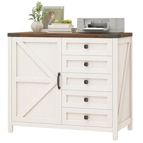 Vabches 5 Drawer Storage Cabinet, Rustic White Office Storage Cabinet | Office Storage Drawer with Door and Adjustable Shelf, Large Farmhouse Printer Stand for Home Office, Rustic White