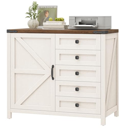 Vabches 5 Drawer Storage Cabinet, Rustic White Office Storage Cabinet | Office Storage Drawer with Door and Adjustable Shelf, Large Farmhouse Printer Stand for Home Office, Rustic White