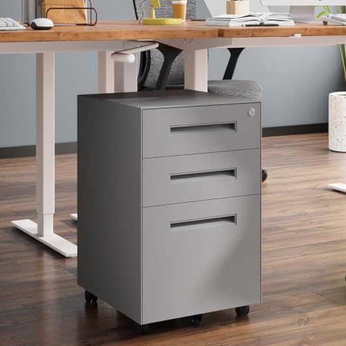 Dripex 3 Drawer Metal Rolling File Cabinet Under Desk Filing Cabinet Grey | 15"W x 18"D x 24"H, Lockable, 5 Wheels, Fully Assembled, Letter/Legal Size, Suitable for Home Office - color: Grey