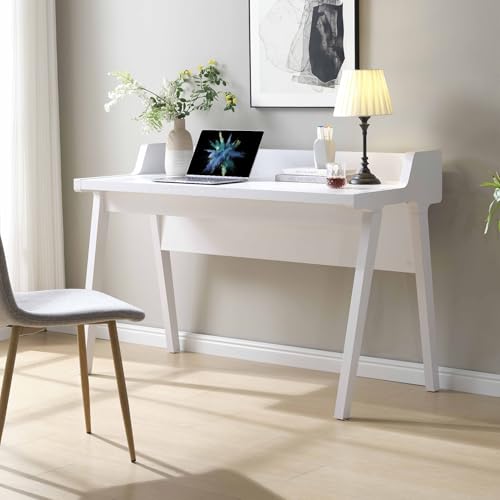 Penau Modern White Writing Desk with Grounded Outlet and 2 USB-A Ports, Finished Back, Modesty Panel and Wooden Leg Frame, 50 x 23.25 x 34.75 Inchs