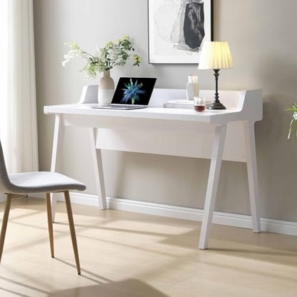 Penau Modern White Writing Desk with Grounded Outlet and 2 USB-A Ports, Finished Back, Modesty Panel and Wooden Leg Frame, 50 x 23.25 x 34.75 Inchs