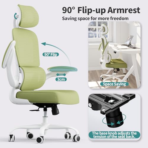 TRALT Office Chair Ergonomic Desk Chair - Gaming Chair with Lumbar Support | 330 LBS Home Office Desk Chairs with Headrest, Reading Chair with Flip-up Armrests, Comfortable Computer Chairs (1, Green) - color: Green