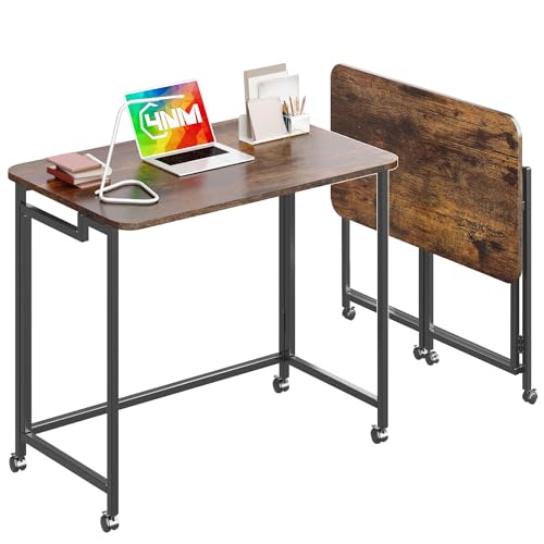 4NM 27.5" Mobile Small Rolling Computer Desk, Folding Laptop Cart Table with Wheels, Portable Office Desk for Small Space Couch Bed - Rustic Brown and Black - color: Rustic Brown and Black, size: 27.5"