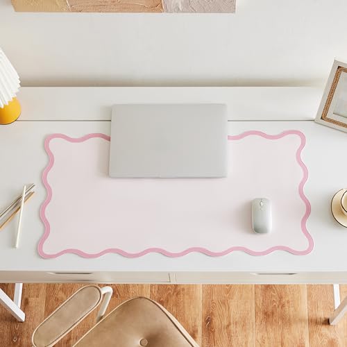 Scalloped Desk Mat, 31.5" x 15.7", PU Leather, Waterproof Anti-Slip, Cute Aesthetic Desk Pad for Office/Home/Game/Vanity (Pink, 31.5 X 15.7) - color: Pink