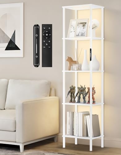 5 Tier Tall Display Shelves with LED Lights, Touch & Remote Control, Dimmable Display Cabinet, Open Bookshelf with 3 Color Temperature, Timer for Living Room, Bedroom, Home Decor(White) - color: White, size: 5 Tier(Narrow)
