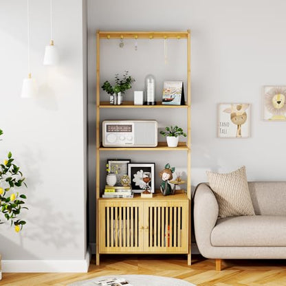 Bookshelf with Drawers, 4-Tier Bamboo Bookcase Ladder Shelf with 6 Hooks - color: 4-tier Natural