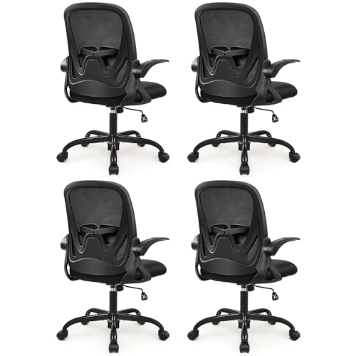 4-Pack Office Chair Ergonomic Desk Chair with Flip up Armrests Swivel Breathable Desk Mesh Computer Chair with Adjustable Lumbar Support and Height for Conference Room (Black) - color: Black 4pack