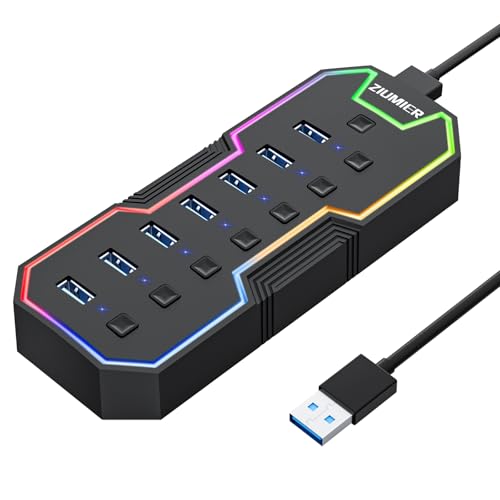 USB Hub 7 Port, RGB LED Strip USB Splitter for Laptop Gaming | USB 3.0 Hub with Individual LED On/Off Switches for Mac, PC, Desktop, Flash Drive, Mobile HDD
