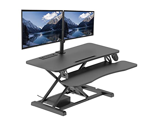 Rocelco 37.4" Electric Standing Desk Converter with Anti-Fatigue Floor Mat - AC USB Charger - Motorized Adjustable Sit Stand Up Computer Workstation Riser - Large Keyboard Tray - Black (R EDRB-MAFM) - color: Black, size: 37.4", style: Riser + Floor Mat