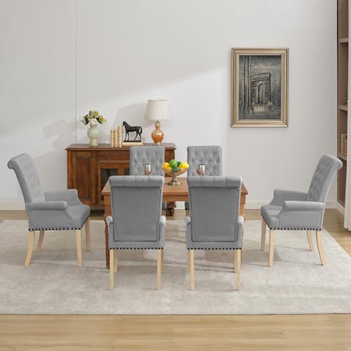 LOULENS Linen Dining Chair with Arms, Tufted Dining Room Chairs, Light Grey | Solid Wood Legs, Nailhead Trim, Accent Chair, Kitchen Chair - color: Grey-a, size: 1 PCS
