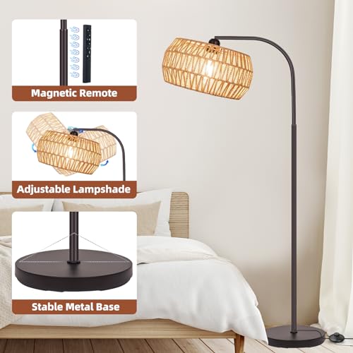 Brilvibera Rattan Standing Lamp with Remote and Dimmable Bulb Bronze | Bronze Arch Floor Lamp, Over Couch Lamp with Foot Switch, Brown Boho Lamp for Living Room, Bedroom, Office, Classroom - style: Drum-Bronze