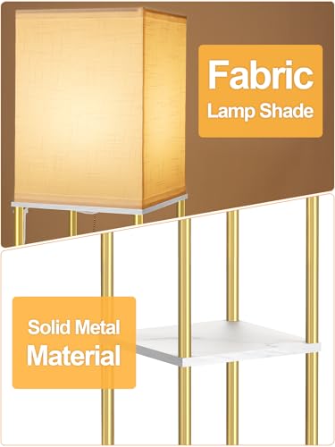 Floor Lamp with Shelves, Modern Corner Display Standing Column Shelf Lamp Etagere Organizer Tower Nightstand with White Linen Shade for Living Room, Bedroom and Office, Marble White and Gold Poles - color: Marble White+Gold