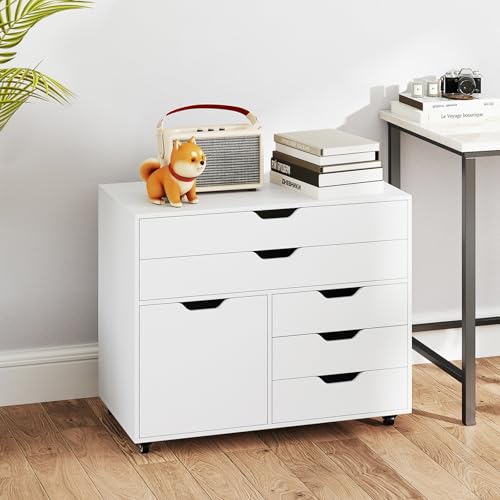 MAT EXPERT 5-Drawer Mobile File Cabinet w/Door, Lateral Filing Cabinet w/5 Universal Wheels, Rolling File Cabinets with Storage, Modern Wood Printer Stand for Home Office, Living Room, Study (White) - color: White