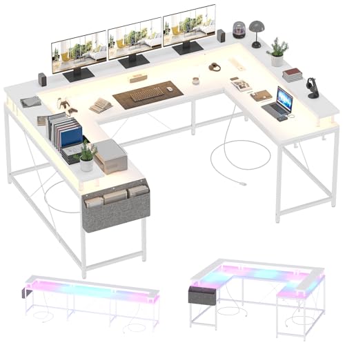 IDEALHOUSE U Shaped Home Office Desk, Reversible L Shaped Gaming Computer Desk with Power Outlets,126 Inch Computer Desk with Monitor Stand and LED Lights,Storage Shelves,Storage Bag and Hooks（White） - color: White