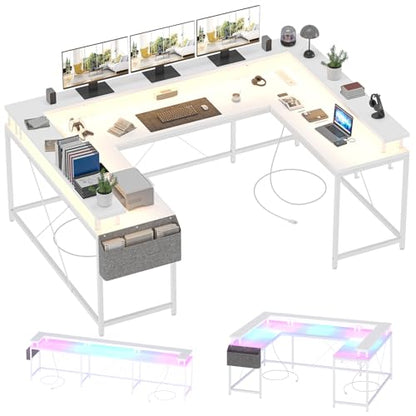U Shaped Desk Gaming Desk with LED Light & Power Outlet, 79 Inch Reversible l Shaped Computer Table for Small Space, Easy to Assemble - color: White