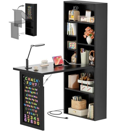 Small Folding Desk with Outlets, Fold-Out Murphy Desk Craft Table | Foldable Wall Mounted Desk Cabinet with Storage, Craft Cabinet with Fold Out Table, Multi-Function Desk for Small Spaces - color: Black