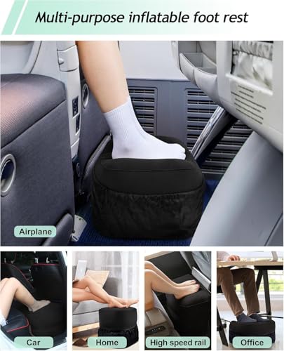 Inflatable Travel Foot Rest Pillow, Kids Airplane Bed, Adjustable 3 Layers Height Leg Rest Pillow, Adults Travel Essentials Great for Airplane, Office, Home, Trains, Cars (Black) - color: Black