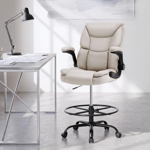 500LBS Drafting Chair, High Back Safer Standing Desk Chair, Executive Tall Office Chair with Flip-up Armrests, Upholstered PU Leather Task Chair, Ergonomic Seat with Adjustable Height&Foot Ring,Beige - color: Beige