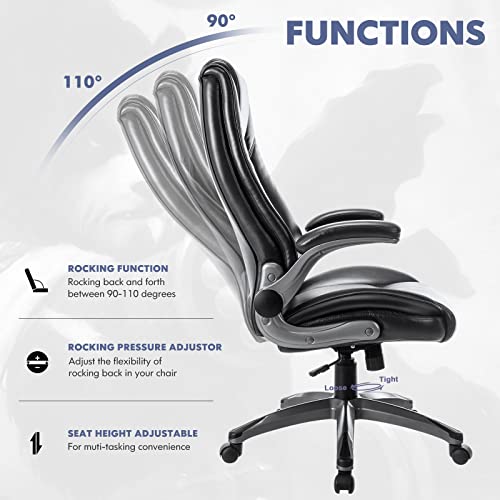 MALOL Leather Executive Office Chair - High Back Home Computer Desk Chair with Padded Flip-up Arms, Adjustable Tilt Lock, Swivel Rolling Ergonomic Chair for Adult Working Study, Black - color: Black
