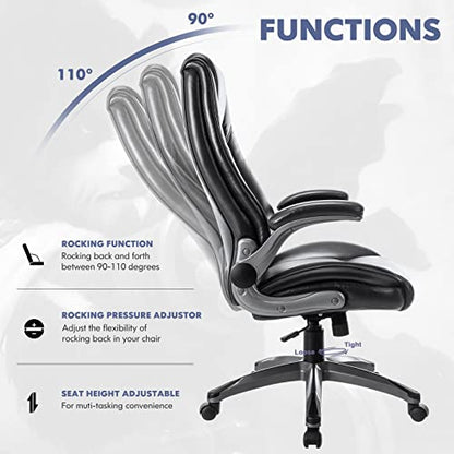 MALOL Leather Executive Office Chair - High Back Home Computer Desk Chair with Padded Flip-up Arms, Adjustable Tilt Lock, Swivel Rolling Ergonomic Chair for Adult Working Study, Black - color: Black