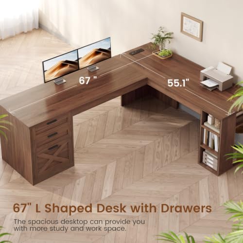 SEDETA 67" Farmhouse Executive L Shaped Desk with 3 Drawers - color: Brown, size: L Shaped Desk (67")