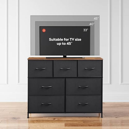 WLIVE 7 Drawer Dresser TV Stand, Entertainment Center, Media Console Table with Metal Frame and Wood Top for TV up to 45 inch, Chest of Drawers for Bedroom, Living Room, Black and Rustic Brown - color: Black and Rustic Brown