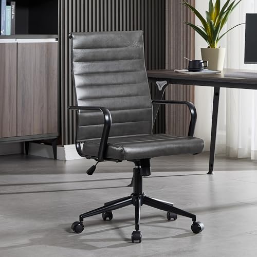 Okeysen Genuine Leather Office Chair, Mid-Century Modern Real Leather Conference Room Chairs, Ergonomic Executive Ribbed Height Adjustable Swivel Rolling Desk Chair for Home Office. - color: Grey With Genuine Leather