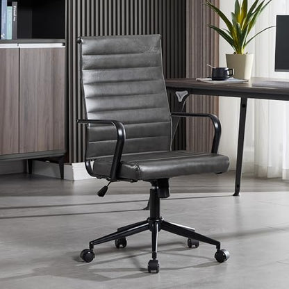 Okeysen Genuine Leather Office Chair, Mid-Century Modern Real Leather Conference Room Chairs, Ergonomic Executive Ribbed Height Adjustable Swivel Rolling Desk Chair for Home Office. - color: Grey With Genuine Leather