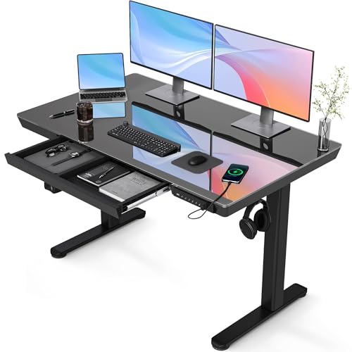 Claiks Glass Standing Desk with Drawers & USB Ports 48x24 Inch, Black - color: Black, size: 48 inch