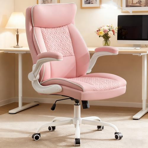Leather Office Chair, Computer Desk Chair with Lumbar Support,Height Adjustment, Comfortable Excutive Task Chairs 400lbs with Padded Flip-up Armrests, Pink - color: Pink