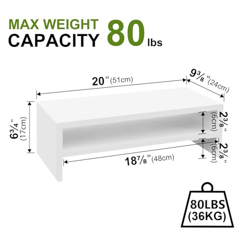 TEAMIX 20 inch White Monitor Riser Stand - 2 Tiers, Wood Desktop Bookshelf - color: White, size: 20 x 9.5 x 6.7 inches