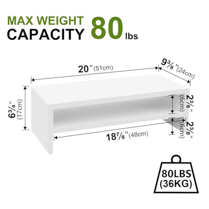 TEAMIX 20 inch White Monitor Riser Stand - 2 Tiers, Wood Desktop Bookshelf - color: White, size: 20 x 9.5 x 6.7 inches