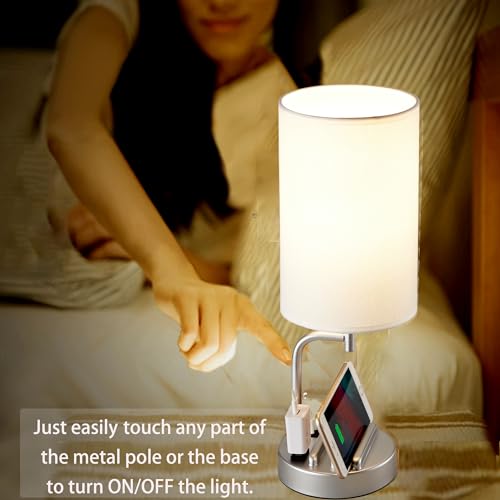 Dreamholder Touch Control USB Table Lamp, Upgraded 3-Way Dimmable Bedside Desk Lamp with USB C & A Charging Ports and AC Outlet, Nightstand Lamp for Bedroom, Dimmable Bulb Included, Silver - style: White shade+Silver base