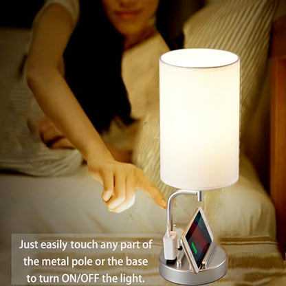 Dreamholder Touch Control USB Table Lamp, Upgraded 3-Way Dimmable Bedside Desk Lamp with USB C & A Charging Ports and AC Outlet, Nightstand Lamp for Bedroom, Dimmable Bulb Included, Silver - style: White shade+Silver base