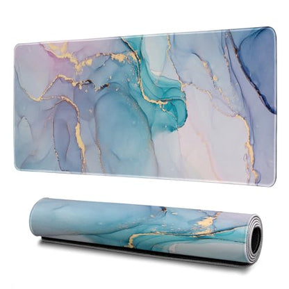 Teal Marble Mouse Pad Abstract Marble Mouse Pad 31.5x11.8 Inch Texture Non-Slip Rubber Base Large Mousepad Stitched Edges Keyboard Mouse Mat Desk Pad for Office and Home - color: Teal Marble