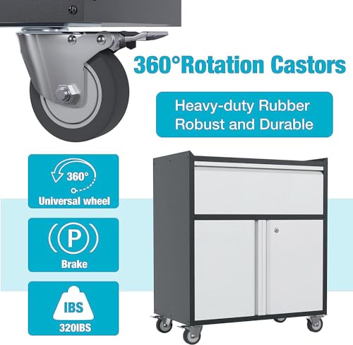 Rolling Garage Storage Cabinet with Door and Drawer, Lockable Metal Tool Cabinet on Wheels for Garage, Home, Office, Black & Gray, Assembly Required, (18.11" D x 30.31" W x 35.43" H) - size: 18.11" W x 30.29" D x 35.42" H
