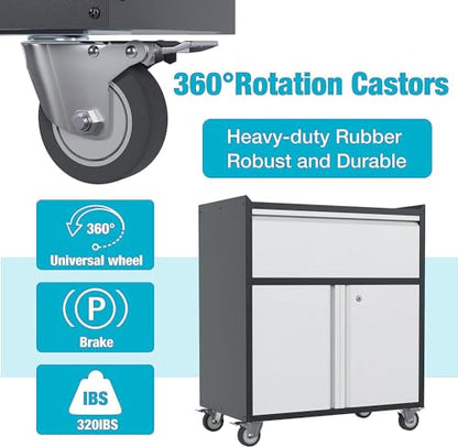 Rolling Garage Storage Cabinet with Door and Drawer, Lockable Metal Tool Cabinet on Wheels for Garage, Home, Office, Black & Gray, Assembly Required, (18.11" D x 30.31" W x 35.43" H) - size: 18.11" W x 30.29" D x 35.42" H