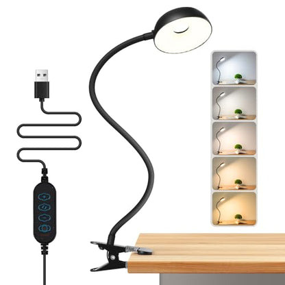Clip on Light, LED Reading Light for Beds Headboards,5 Color Modes Dimmable | Clip on Light LED Reading Book Light with Clamp Eye-Friendly Desk Lamp Flexible Reading Lights for Books in Bed Bedside Black - color: Black