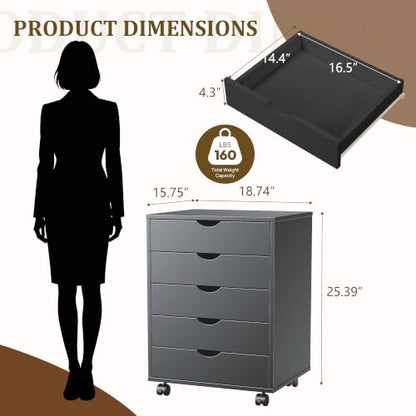 5 Drawer File Cabinet with Wheels, Under Desk Storage Drawers, Black - color: Black, size: 15.75"D x 18.74"W x 25.39"H(5 Drawers)