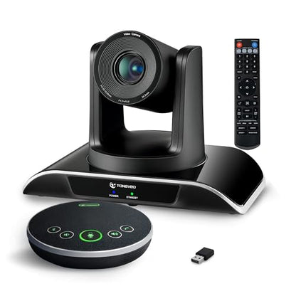 TONGVEO All-in-One Conference Room Video Camera System Al Auto-Tracking HD1080P 60fps 3X Optical Zoom USB3.0 HDMI PTZ Camera and Bluetooth Conference Speakerphone with Microphones - color: Black