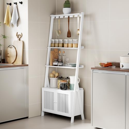 Ladder Shelf with Drawers, Bookshelf 4-Tier Bamboo Bookcase with 6 Hooks - color: 4-tier White