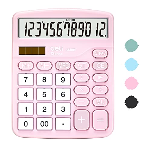 Calculator, Deli Standard Function Desktop Calculators with 12 Digit Large LCD Display and Sensitive Button, Solar Battery Dual Power Office Calculator, Pink - color: Pink